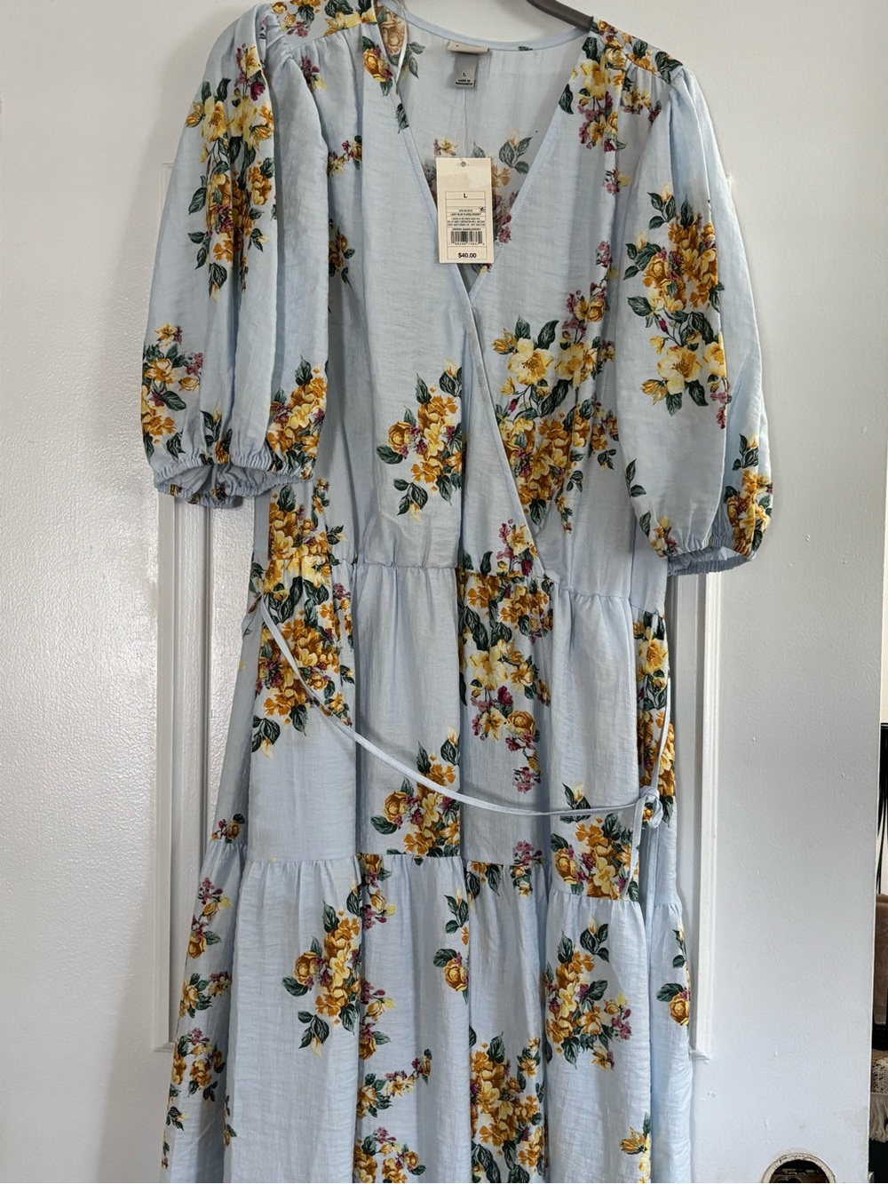 a new day Light Blue Floral Wrap Maxi Dress with Yellow Blossoms
